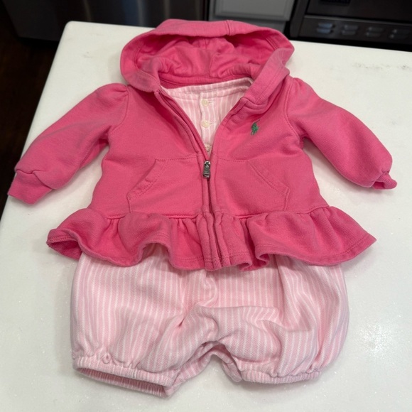 Ralph Lauren Baby Girt 2 PCS Set Pink & White Romper & Hoodie Sz 3M EUC - Picture 2 of 15